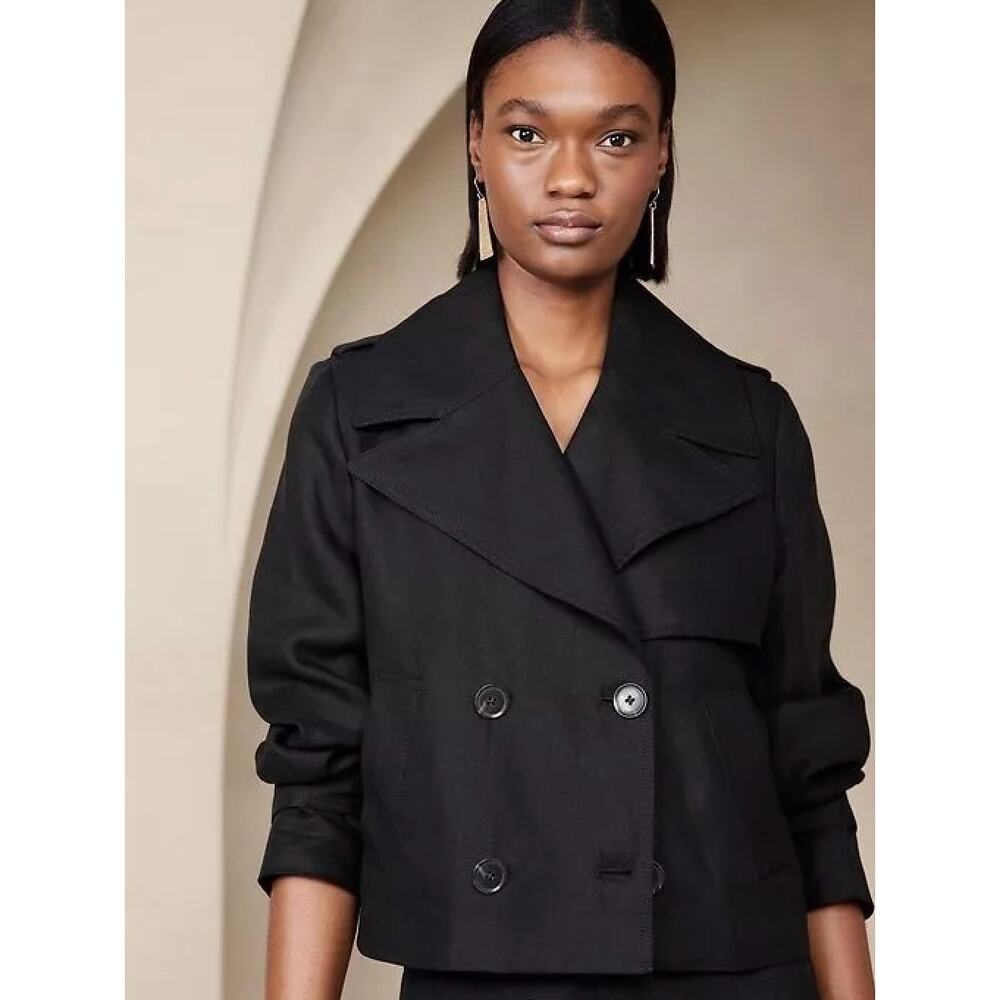 Banana Republic Black Double‎ Breasted Vivienne Linen Trench Jacket Women's XS